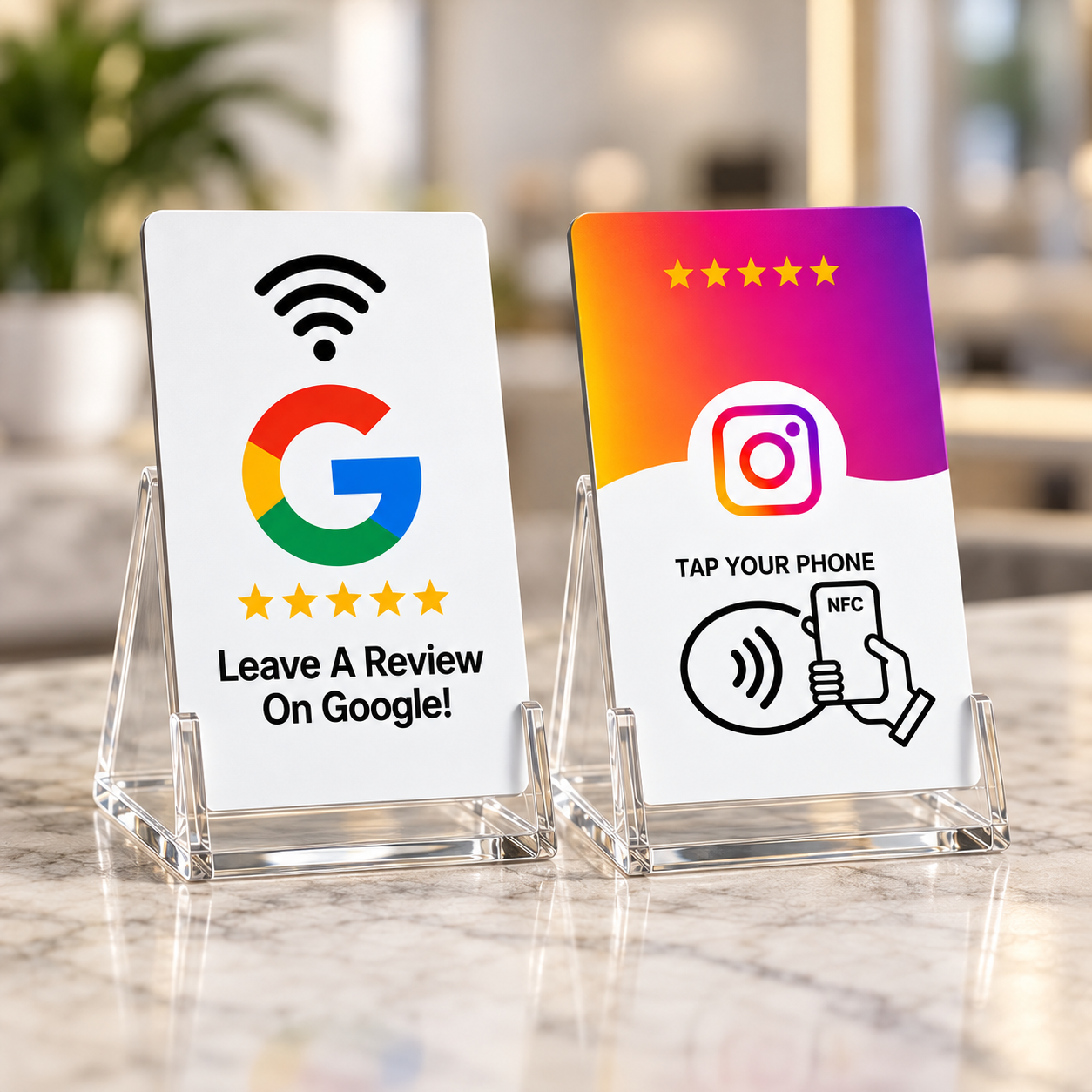 Tarjetas NFC para dejar reseñas en Google y visitar Instagram